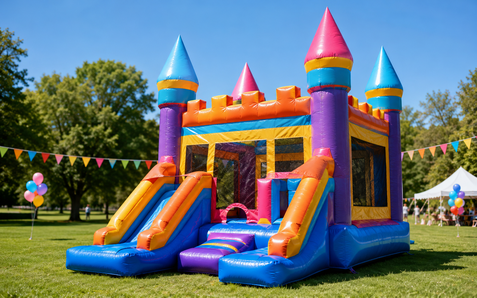 A colorful castle bounce house set up outdoors for a party